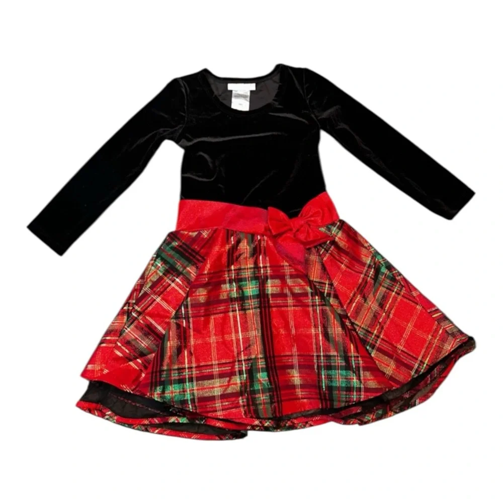 Bonnie Jean Velvet and Crinoline Plaid Long Sleeve Dress Girls Size 6